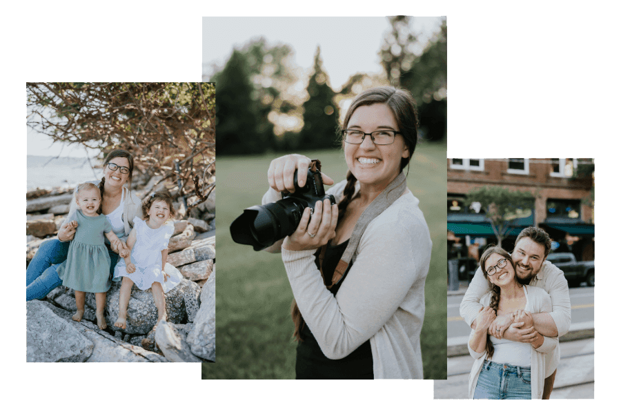 3 images: one of mom with two daughters, another with a photographer holding her camera, another of her with her husband hugging her